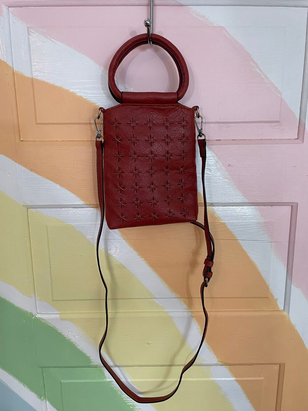 Le Miel Rust Vegan Leather Mini Crossbody Bag Ring Handle Cutout Boho Purse